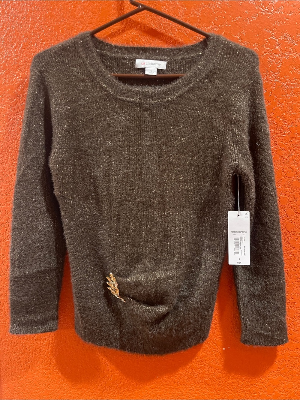 Liz Claiborne Dark Brown Fuzzy Crewneck Sweater